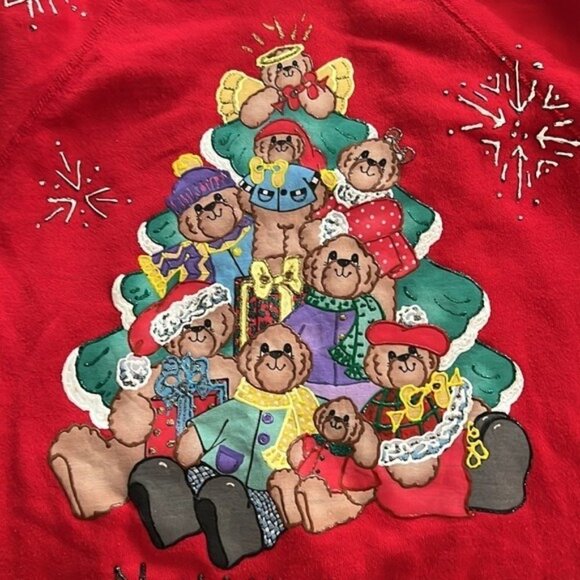 Vintage Christmas Sweatshirt Teddy Bear Tree Red Holiday Pullover - Picture 8 of 9